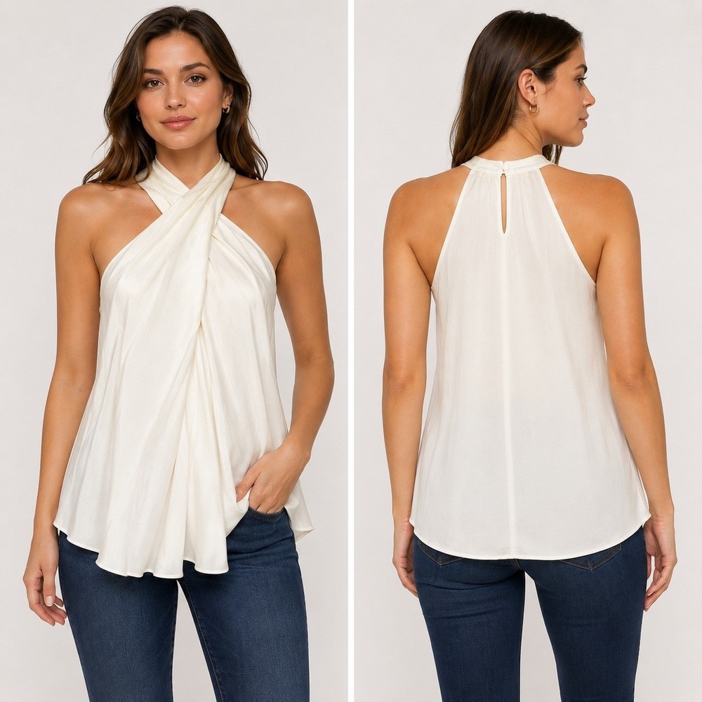 A.L.C. Women Size 6 Halter Neck Keyhole Back Sleeveless White Draped Top Blouse